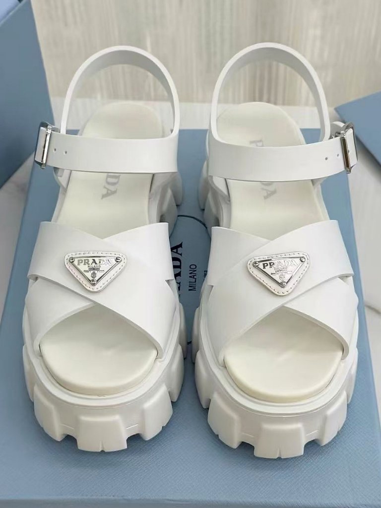 Prada White Triangle Logo Crisscross Platform Ankle Strap Sandals